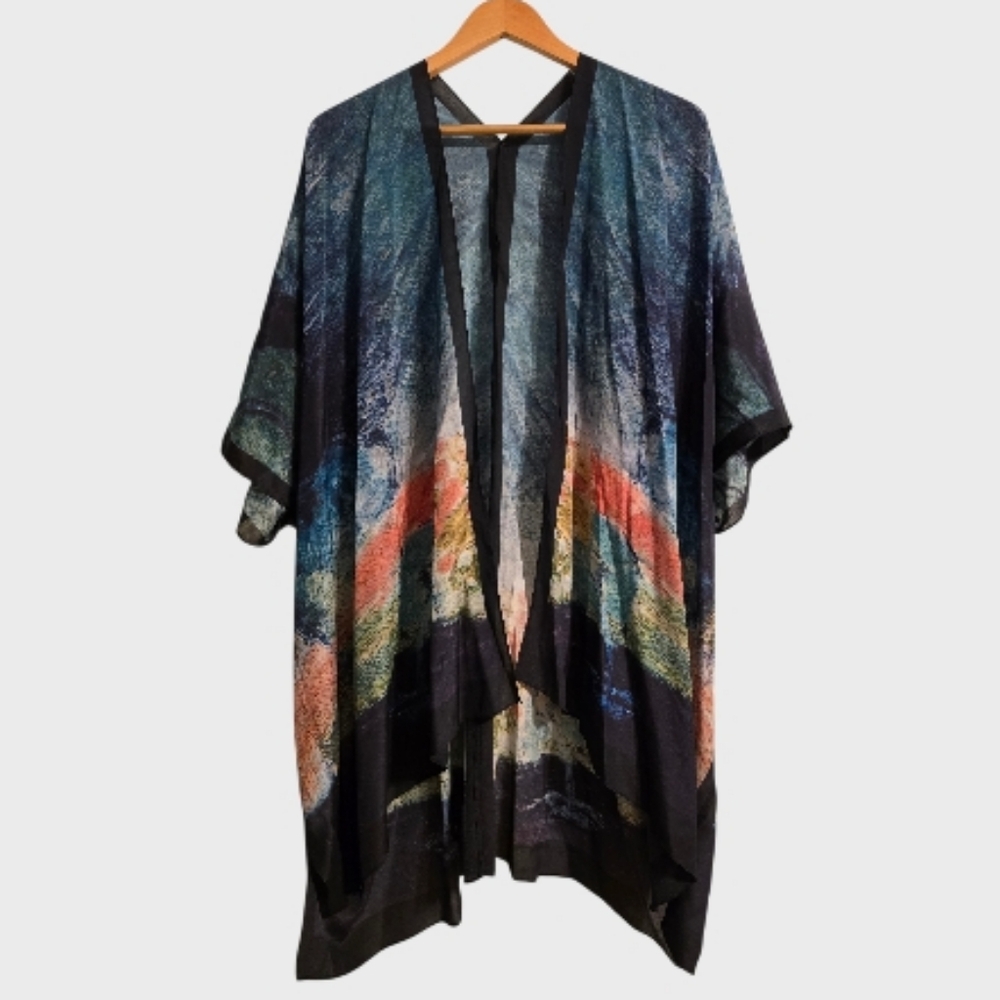 Cocoon House Silk Open-Front Kimono Womens OS Abstract Art to Wear Chic Cover-Up
